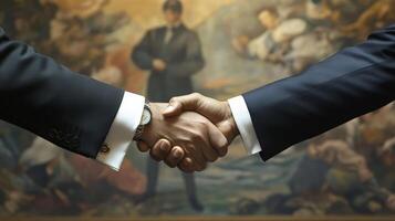 A closeup of the interlocked hands emphasizes the contrast between the two diplomats cufflinks and sleeve textures. The backdrop of a lavish mural depicting peaceful cooperation serve photo