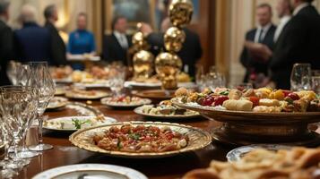 State dinner table setting with crystal glasses and gourmet food photo