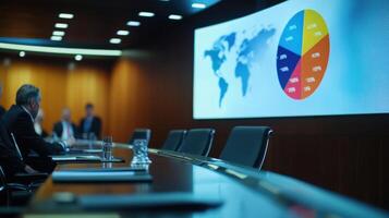 An illuminated screen in a modern conference room displays a pie chart breaking down global market shares. The camera captures the concentration on the faces of diplomats as they lea photo