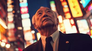 An older politician clad in a tailored suit tilts his head slightly his expression serious and contemplative. The diffused lights of neon signs and the vague outlines of skyscraper photo