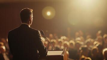 Bathed in warm lighting a dedicated politician stands resolute behind a sleek podium eyes fixed on the audience. The softly outoffocus crowd appears to nod in agreement with a divers photo