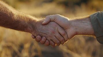 Closeup of a leaders hand engaging in a handshake exuding confidence. The background is a gentle blur of earthy tones evoking a sense of camaraderie and unity amidst the soft warmt photo
