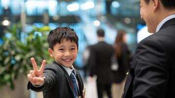 An intimate moment captured as a child presents a handmade peace sign greeting card to the arriving envoy the childs innocent joy contrasting with the formal atmosphere of the photo