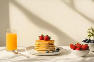 A stack of pancakes with strawberries and blueberries next to orange juice and more berries in bowls photo