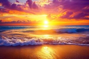 A vibrant sunset over the ocean with waves crashing on the shore and colorful clouds in the sky photo