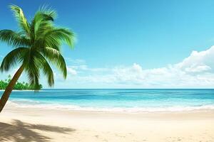A scenic view of a tropical beach with a palm tree ocean and a clear blue sky with fluffy white clouds photo