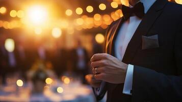 A focused image of an envoy holding a polished speech in one hand while adjusting their cufflink with the other surrounded by glowing tabletops and attentive guests. The aura of photo