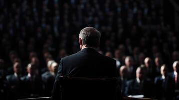 behind him the softly blurred audience captures a moment of rapt attention emphasizing the importance of the debate unfolding photo
