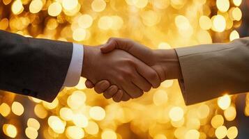 A closeup of a hand shaking another in a firm gesture of partnership following the signing. The atmosphere is celebratory with blurred gold accents of traditional chandeliers providin photo
