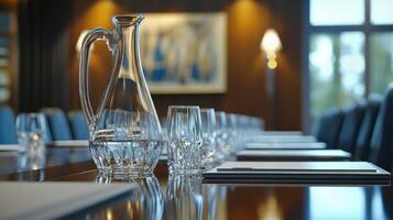 An intense expression on a negotiators face as they lean into the conversation the background showcasing a lavish boardroom with contemporary art on the walls. A glass pitcher of wate photo