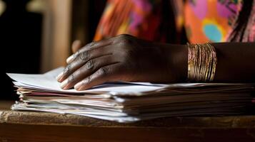 A closeup of a hand gripping a stack of documents poised on a polished wooden desk bearing the remnants of a previous discussion. The hand decorated with a subtle bracelet belongs t photo