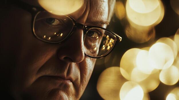 In a medium closeup the diplomats trating gaze is captured framed by subtle outoffocus golden orbs that flicker in the background. The contrast between the diplomats sharp feature photo