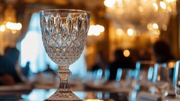 A highdetail shot of a crystal trophy symbolizing peace positioned prominently a a sea of reports and legal papers reflecting soft light from overhead chandeliers while delegates ar photo