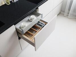 Modern Kitchen Drawer Equipped with Various Tableware and Essential Utensils for Use photo