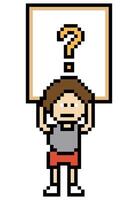 Cartoon of pixel man male boy with question mark quiz questionaire 8 bit. vector