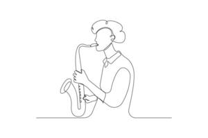 Man playing saxophone continuous line drawing. Jazz saxophone player outline background. vector