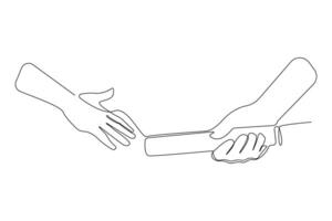Hands passing the baton in a relay race continuous line art drawing. vector