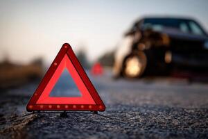 Warning triangle on road after car crash with damaged vehicle in background photo