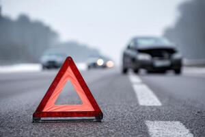 Red warning triangle on road after car crash with damaged vehicle in background photo