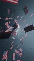 Falling USA flag sign from the light in the dark sky, vertical motion background, seamless loop video
