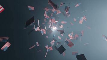 Falling USA flag sign from the light in the dark sky motion background, seamless loop video