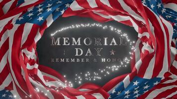 Memorial day metal text in the frame of USA flag motion background, seamless loop video
