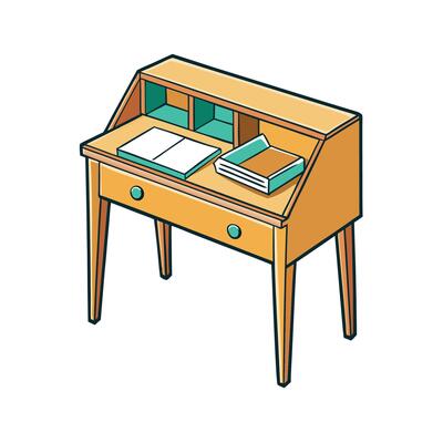 Cute student desk with books and notebook illustration