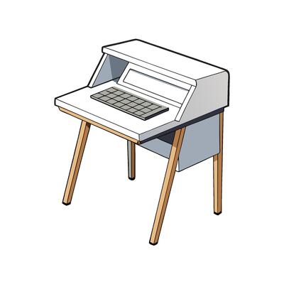 Isometric White and Wooden Desk with Keyboard Illustration