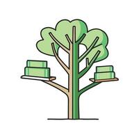 Tree with shelves holding green blocks, a design. vector