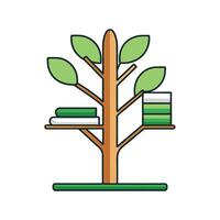 Treeshaped bookshelf with books and leaves illustration vector