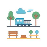 Whimsical park scene with train, benches, and trees vector
