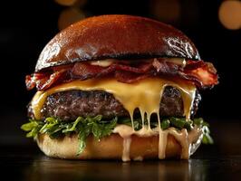 Delicious burger with melted cheese and crispy bacon on toasted bun. Fresh greens and sauce visible against dark backdrop. Close up image. photo