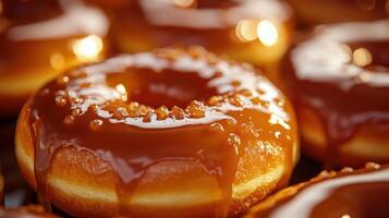 Delicious donuts glazed with caramel sauce. Sweet dessert with sugar. Baked goods on a table. Golden pastry with shiny topping in a bakery. photo