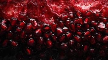Pomegranate Seeds Close Up. Red Juicy Seeds. Fruit Texture Background. Fresh Pomegranate Detail. Dark Red Pomegranate Arils. Healthy Food. Pomegranate Pulp Detail. photo