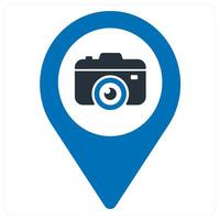 camera and location icon concept in blue color vector