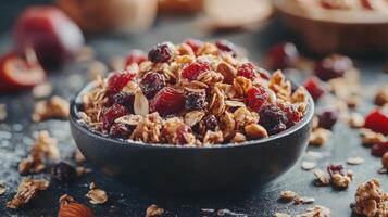 Granola with dried cranberries and almonds in a black bowl. Food still life on a dark surface. Healthy breakfast with oats and fruit. photo