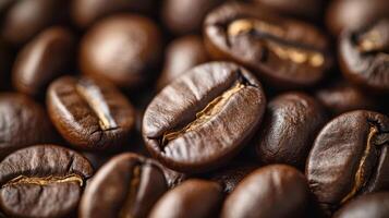 Close up of many dark brown roasted coffee beans. Smooth, glossy surface with a shallow depth of field and golden textures highlighted. photo