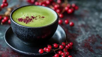 Green matcha tea in dark bowl on plate. Red berries surround the drink on a dark textured surface. Focus on vibrant beverage and berries. photo