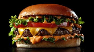 Delicious burger with cheese tomato and lettuce. Burger on black background. Close up of burger with sauce. Fresh tasty burger. photo