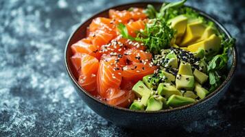 Bowl of fresh salmon avocado salad. Cubes of fish and avocado with green garnish. Black and white sesame seeds sprinkled on food. photo