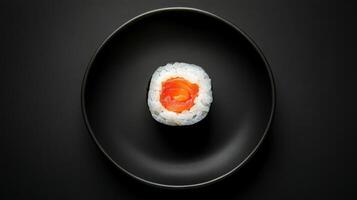 Salmon sushi roll sits centered on black round plate against a dark black background. Simple tasty fish meal. Minimalist presentation. photo