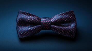 Dark patterned bow tie resting on a smooth blue surface. Fabric has pink dots. Formal wear in subdued light. Still life of mens clothing. photo