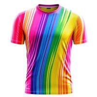 T shirt display with rainbow colors and a casual style on black background. Cloth texture design with diagonal strips of light. photo