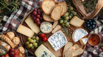 Cheese board with various cheeses bread grapes and berries on a wooden tray placed on a patterned blanket outdoors close up shot. photo