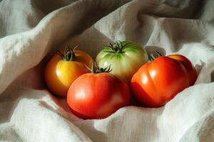 Various ripe tomatoes on folded fabric. Red, yellow and green colors. Smooth cloth backdrop. Healthy food concept. Simple studio setup. Natural sunlight creates shadows. photo