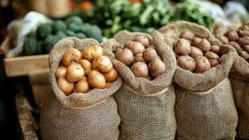 Fresh potatoes in burlap sacks at market. Green vegetables background. Healthy food on display. Farm produce for sale. Organic raw ingredients. photo