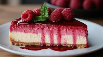 Delicious cheesecake slice with raspberry topping and fresh mint on white plate. Creamy dessert with red fruit sauce and graham cracker crust close up. photo