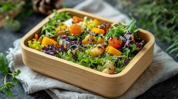 Fresh salad in wooden bowl. Mixed greens with tomatoes, mango and purple cabbage. Healthy meal in natural setting. Lunch on linen fabric. photo