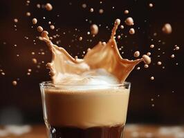 Glass of coffee with milk. Splashes of liquid in air. Brown drink with foam. Dark background with floating drops. Refreshment in a glass. photo