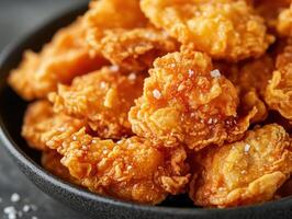 Golden fried crispy chicken pieces piled high in a dark bowl. Pieces are seasoned with coarse salt, sitting on a dark surface. photo